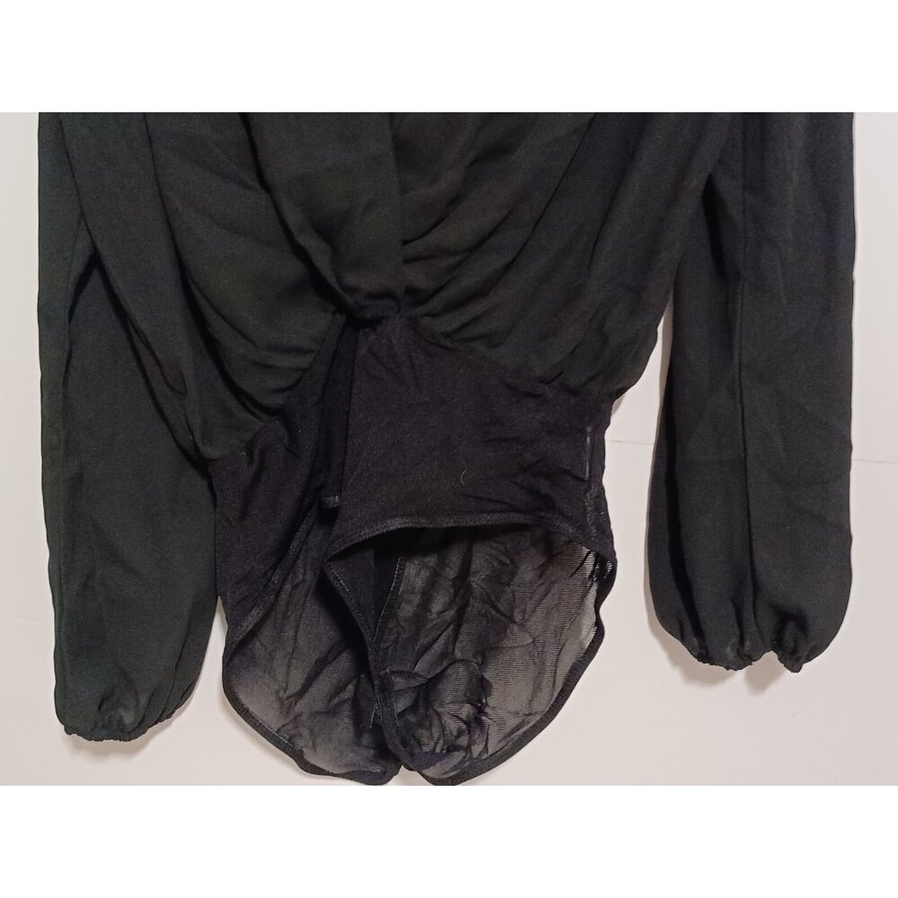 Verdusa Women's Long Sleeve Wrap V Neck Leotard Blouse Bodysuit BlackSolid L - Picture 2 of 5